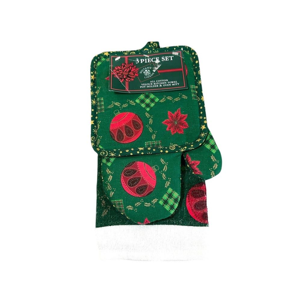 VTG Sultans Linens‎ Cotton Christmas Poinsettias Green Kitchen Towel Oven Mitt